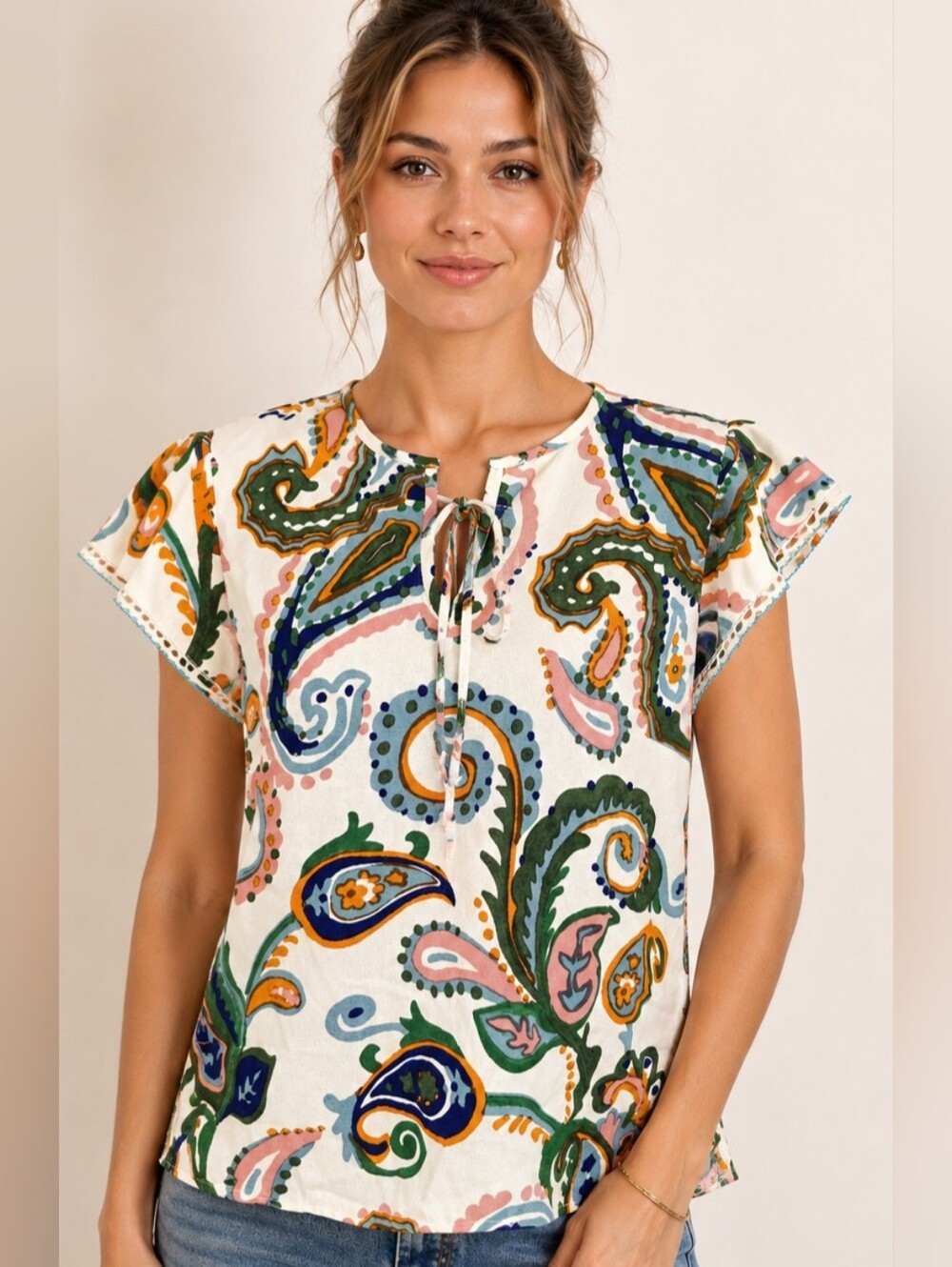 CeCe Paisley Linen Blend Flutter Sleeve Tie Neck Boho Peasant Blouse Girlhood
